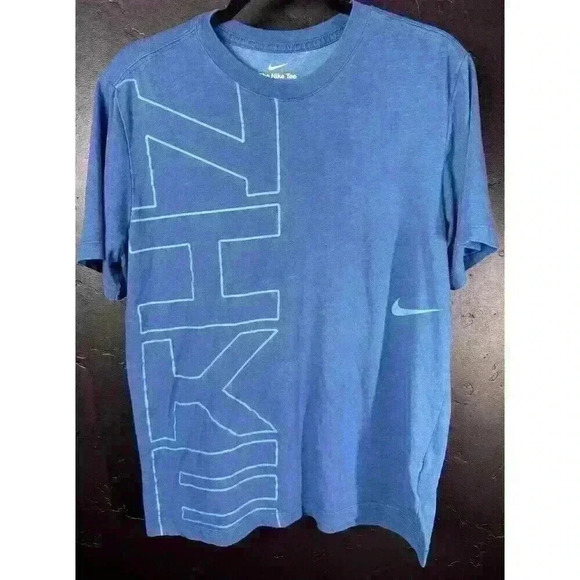 Nike Mens T-Shirt Blue On Blue Nike Spelled Out Swoosh Dri-Fit Cotton Medium - Picture 1 of 4